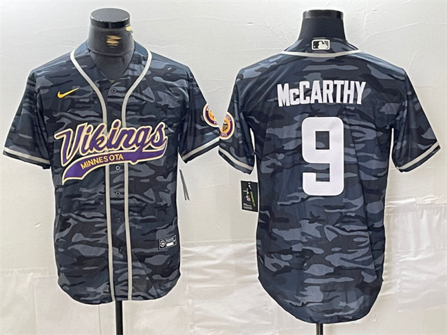 Men's Minnesota Vikings #9 J.J. McCarthy Grey Camo Cool Base Stitched Baseball Jersey Men's Minnesota Vikings #9 J.J. McCarthy Grey Camo Cool Base Stitched Baseball Jersey
